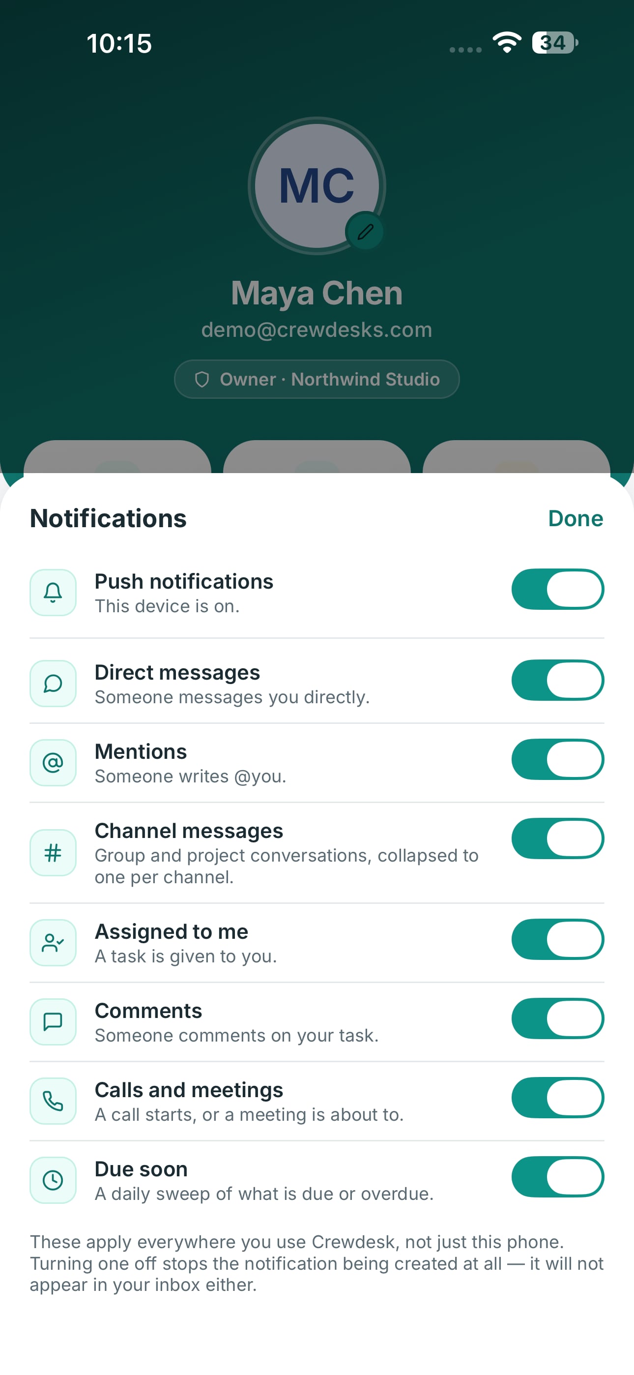 Notification settings in the Crewdesk mobile app, with a switch for each kind