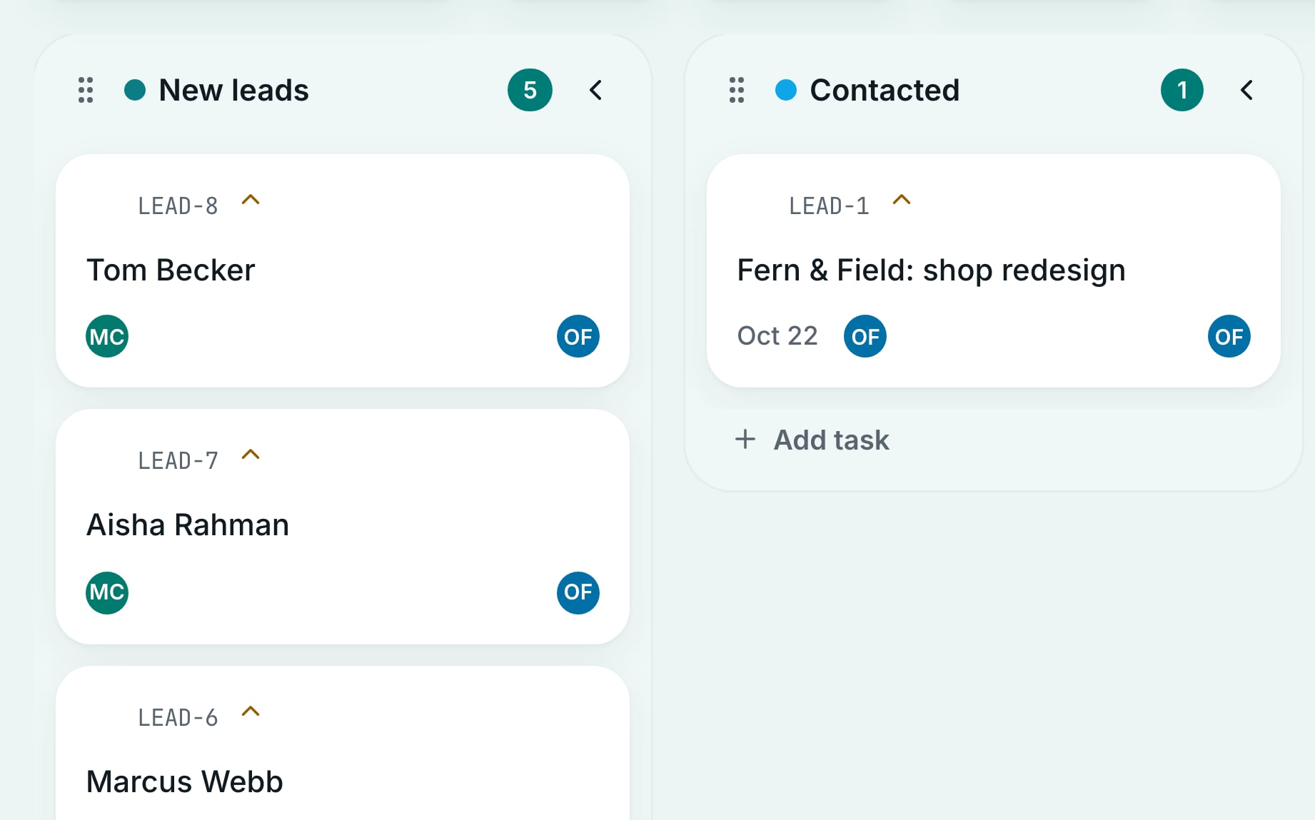 A board column named New leads holding three tasks created by form submissions, beside the Backlog column