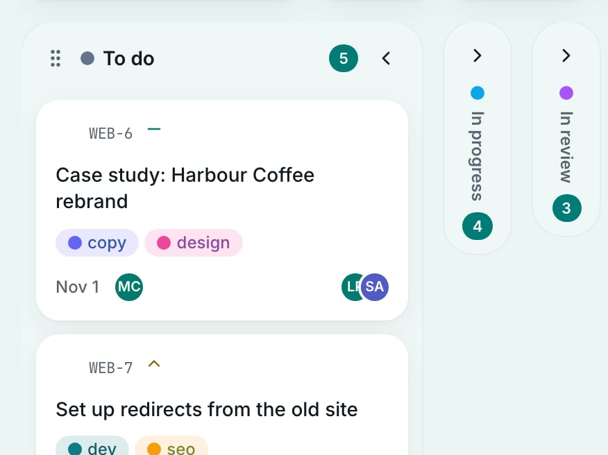 A Crewdesk project board with tasks in columns