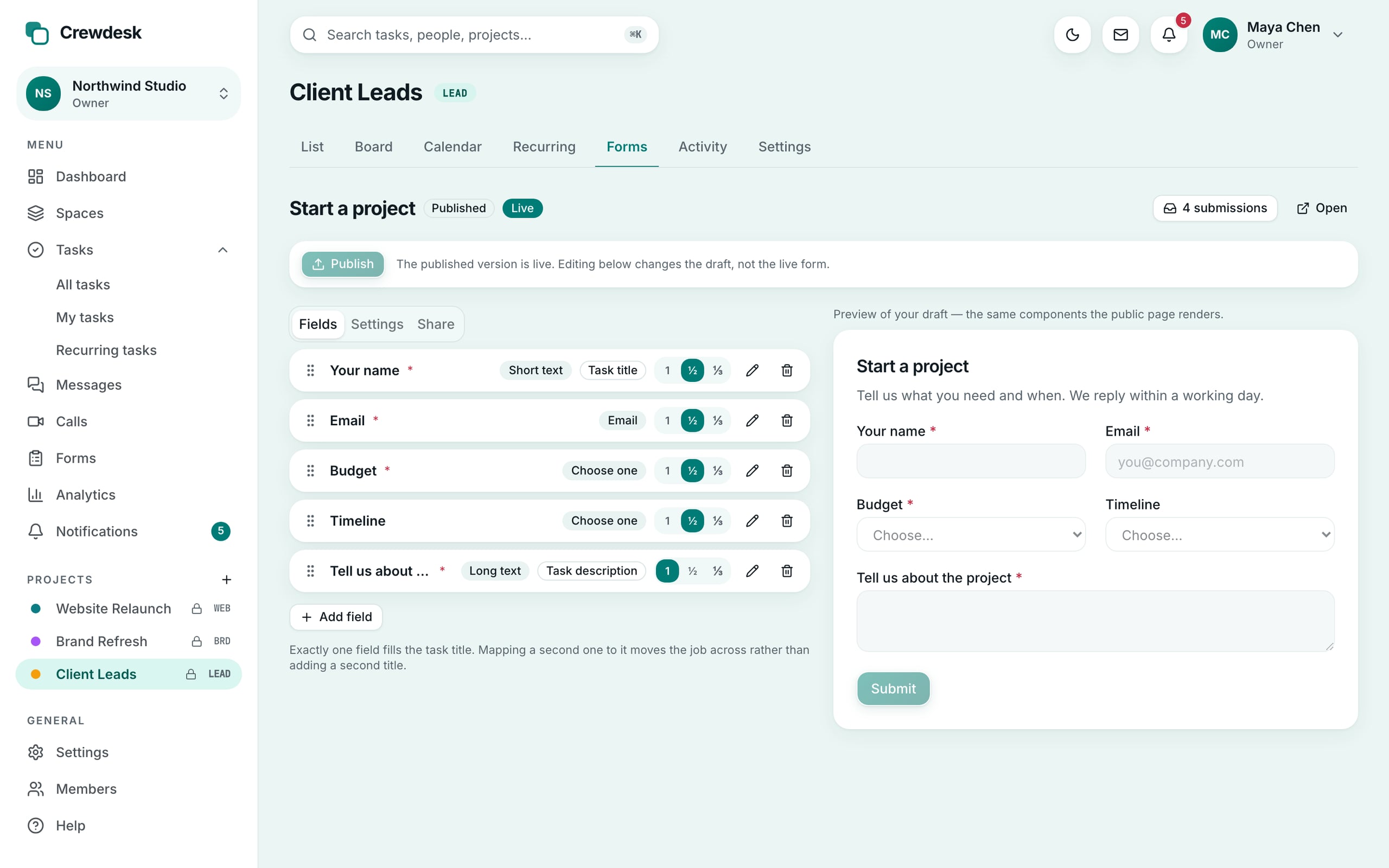 The Crewdesk form builder: a list of fields with their widths on the left and a live preview of the form on the right