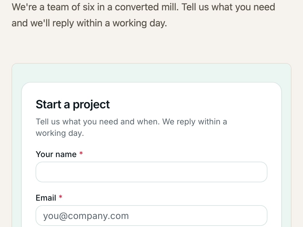 A Crewdesk form embedded in a design studio's website, asking what you need, your name, email, budget and start date