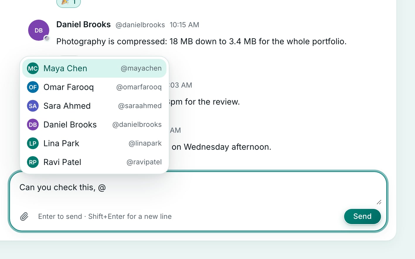 Mention suggestions appearing after typing @ in the Crewdesk message box