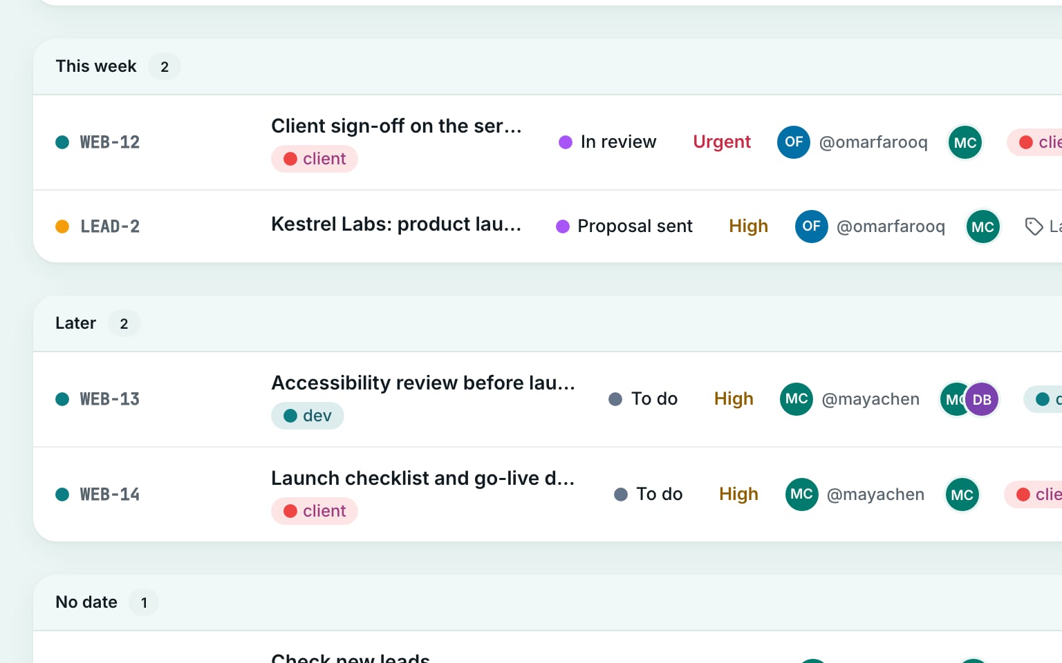 My Tasks in the Crewdesk web app, grouped by when each task is due