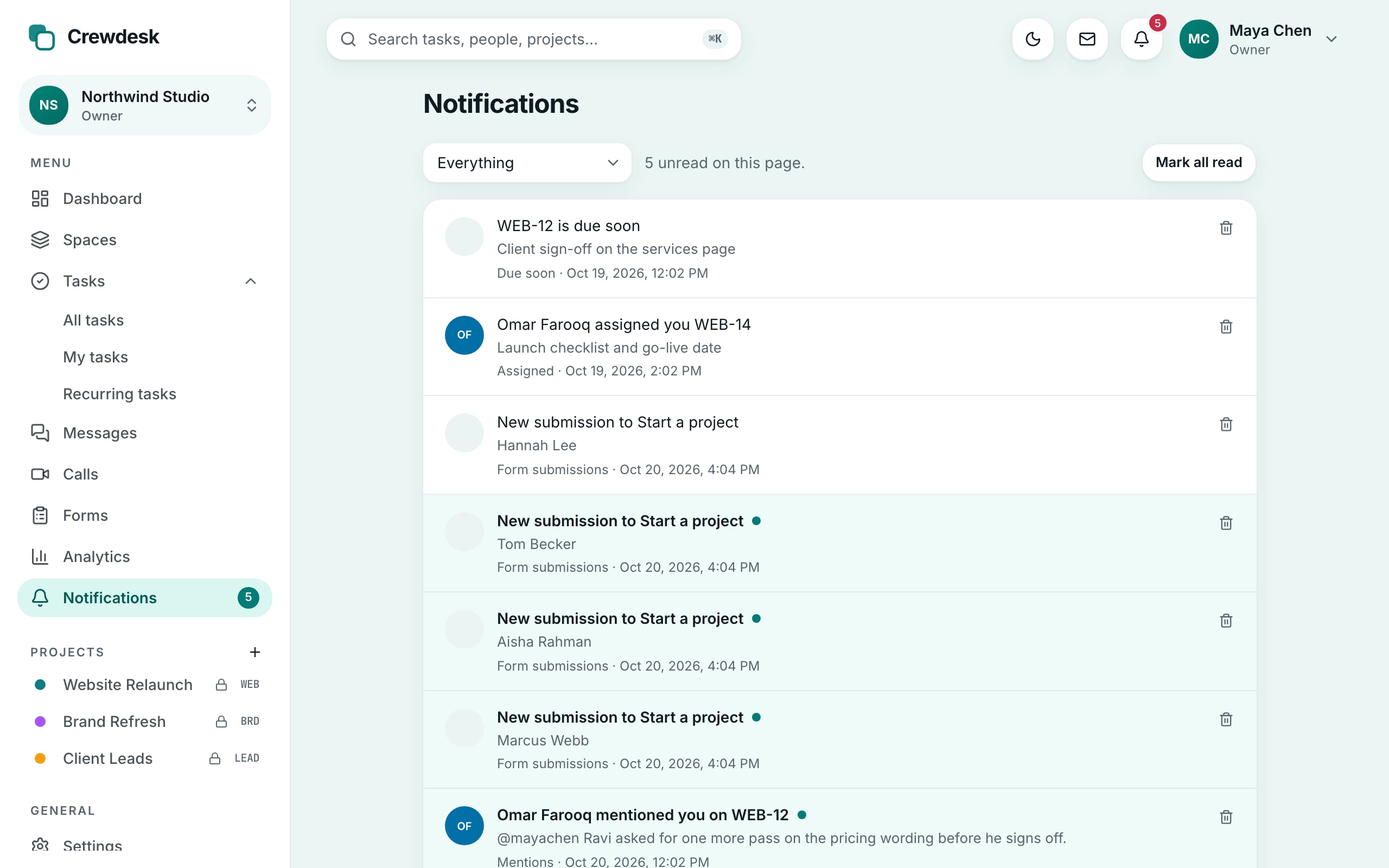 The Crewdesk notifications inbox with read and unread notifications