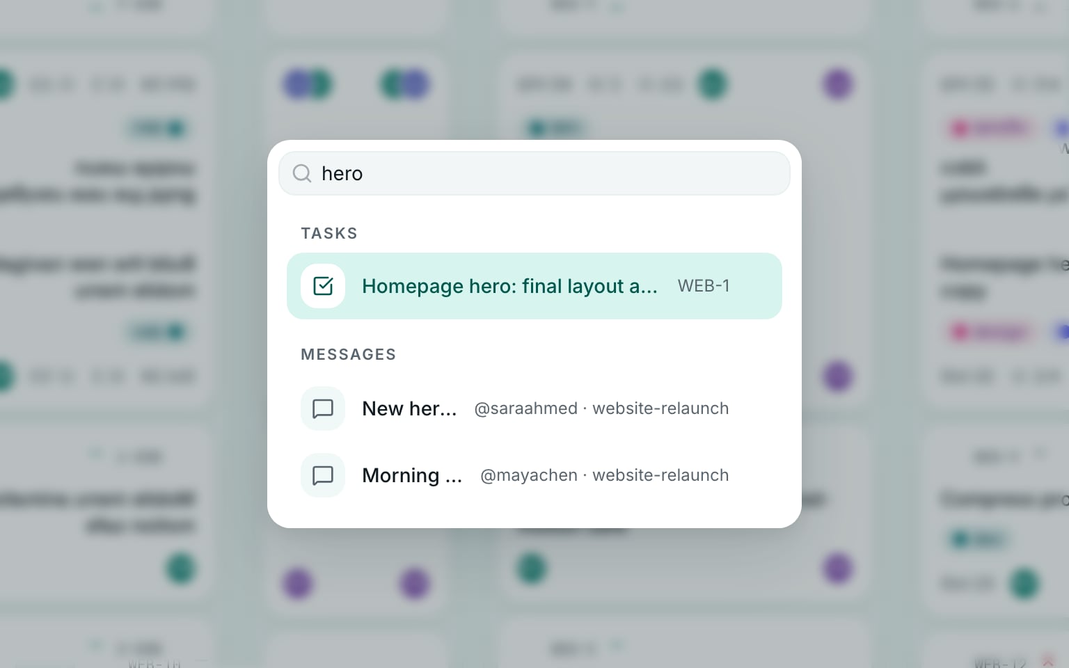 Crewdesk search results grouped as tasks, messages and comments