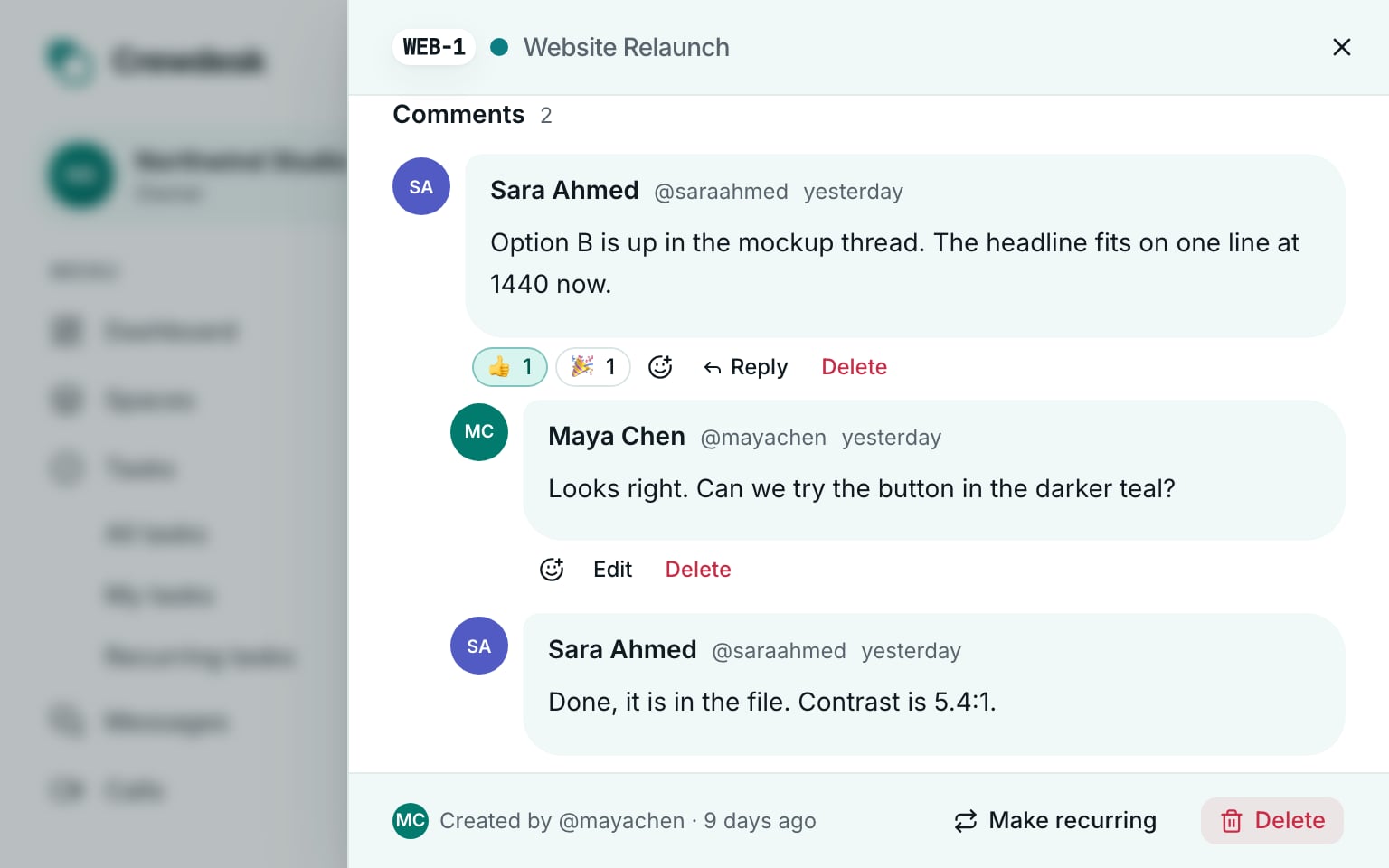 A Crewdesk task open in its sheet, with comments, replies and reactions