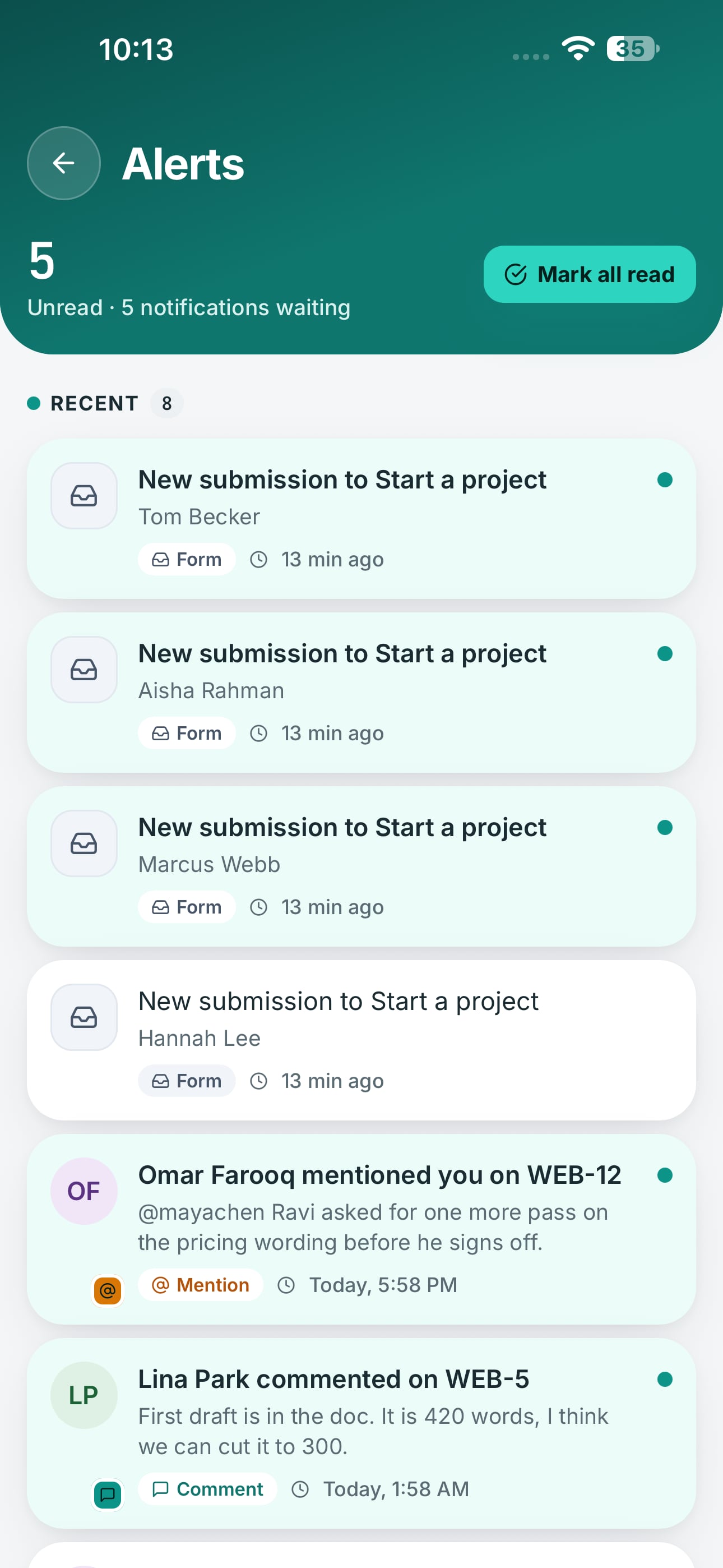 The Crewdesk mobile app's Alerts inbox