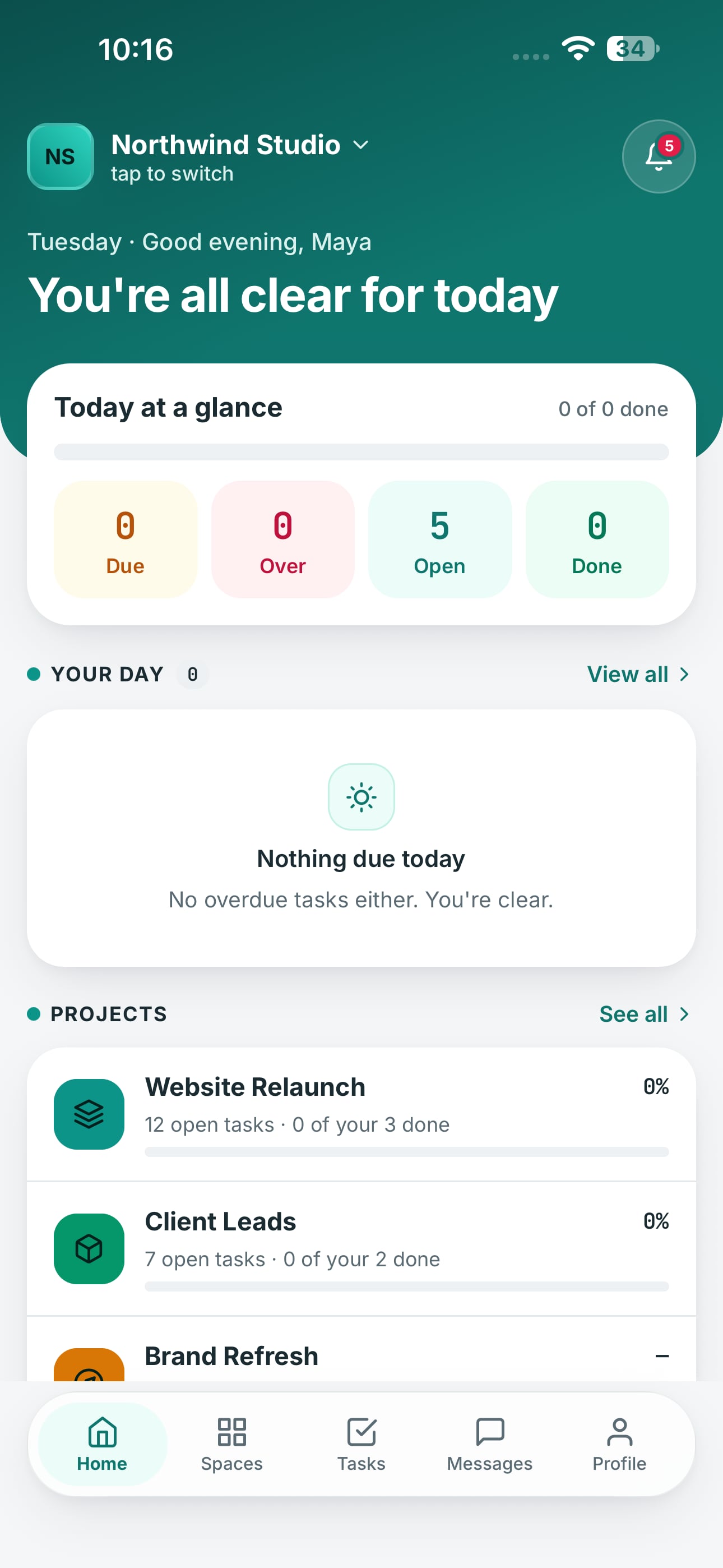 The Home tab of the Crewdesk mobile app: the current workspace and your tasks at a glance