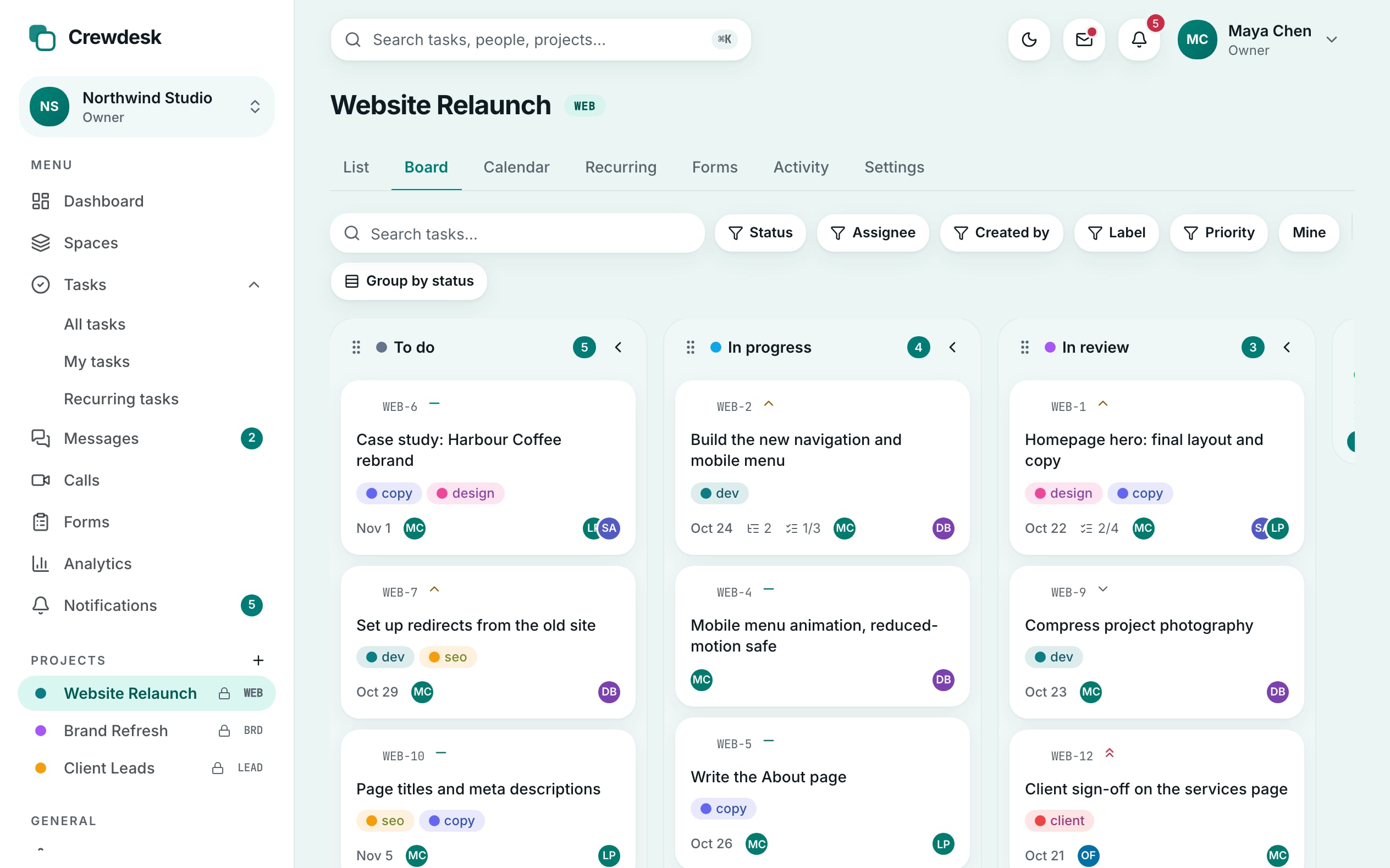 A Crewdesk project board with tasks in four columns