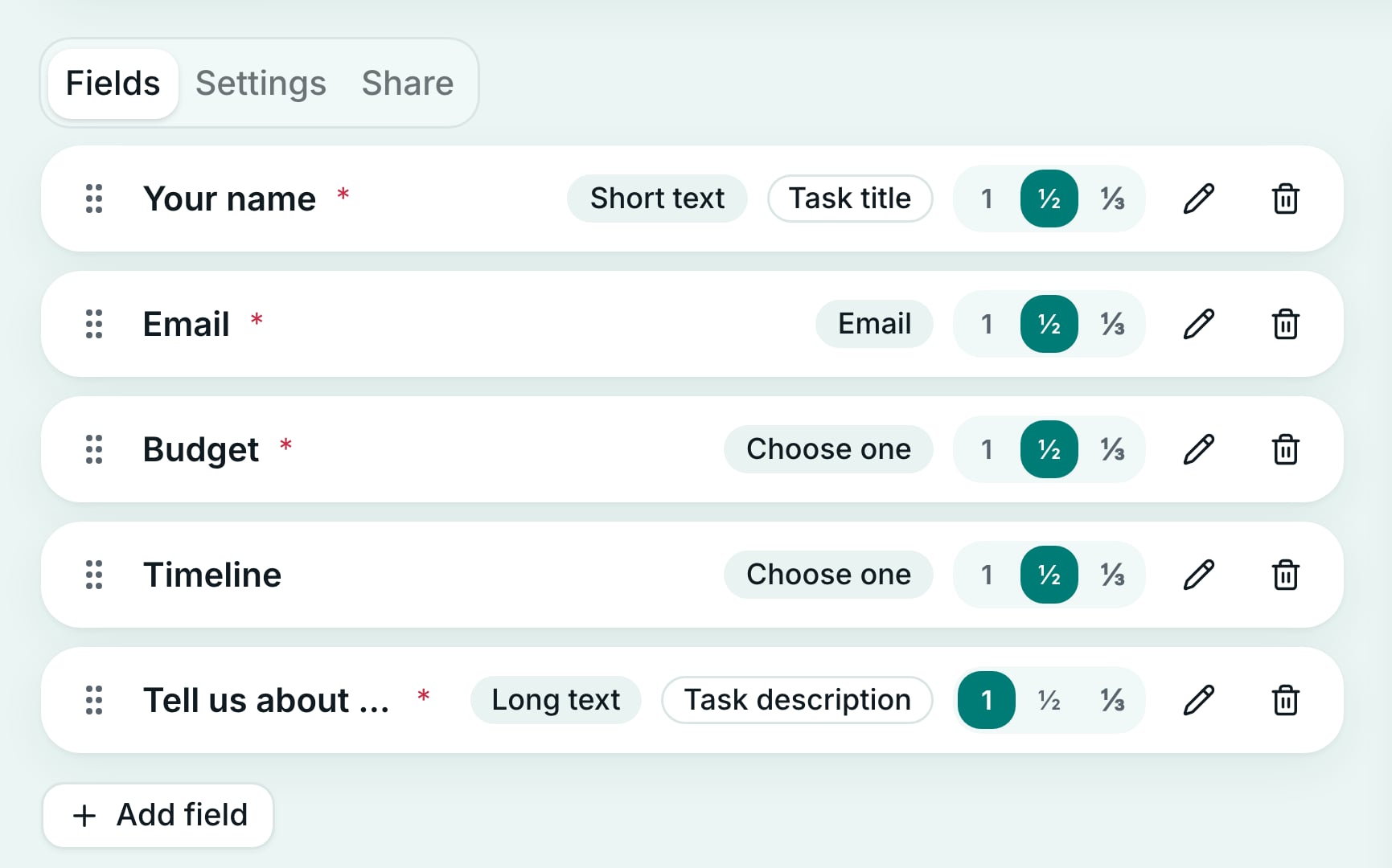 The Crewdesk form builder: a list of fields with their widths on the left and a live preview of the published form on the right