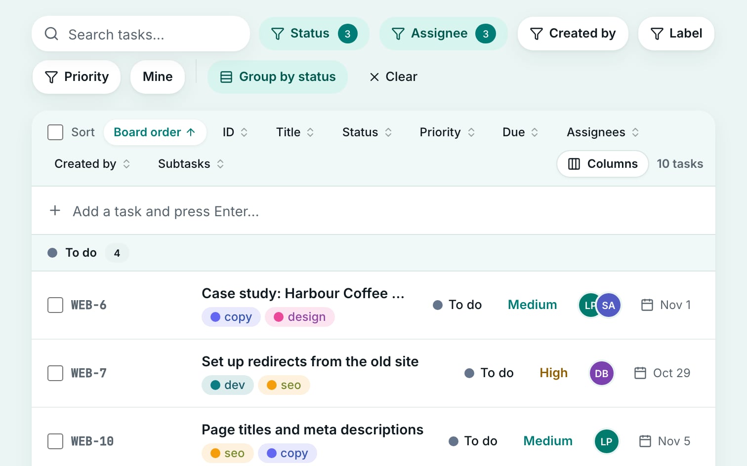 The Crewdesk list view with filters applied and tasks grouped by status