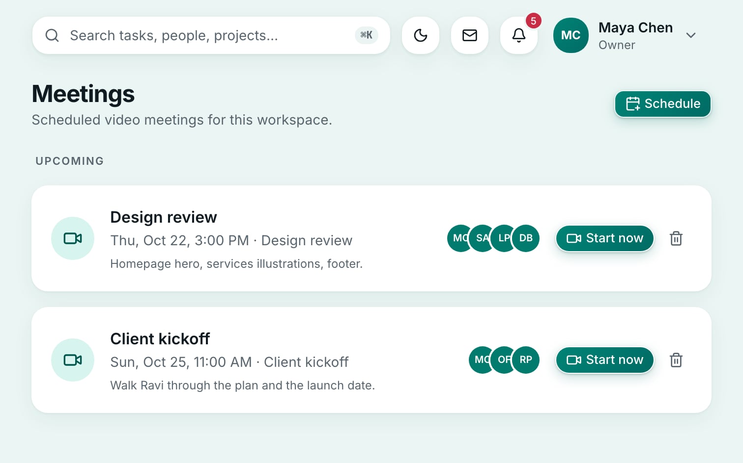 The Crewdesk meetings page with a scheduled meeting and the people invited