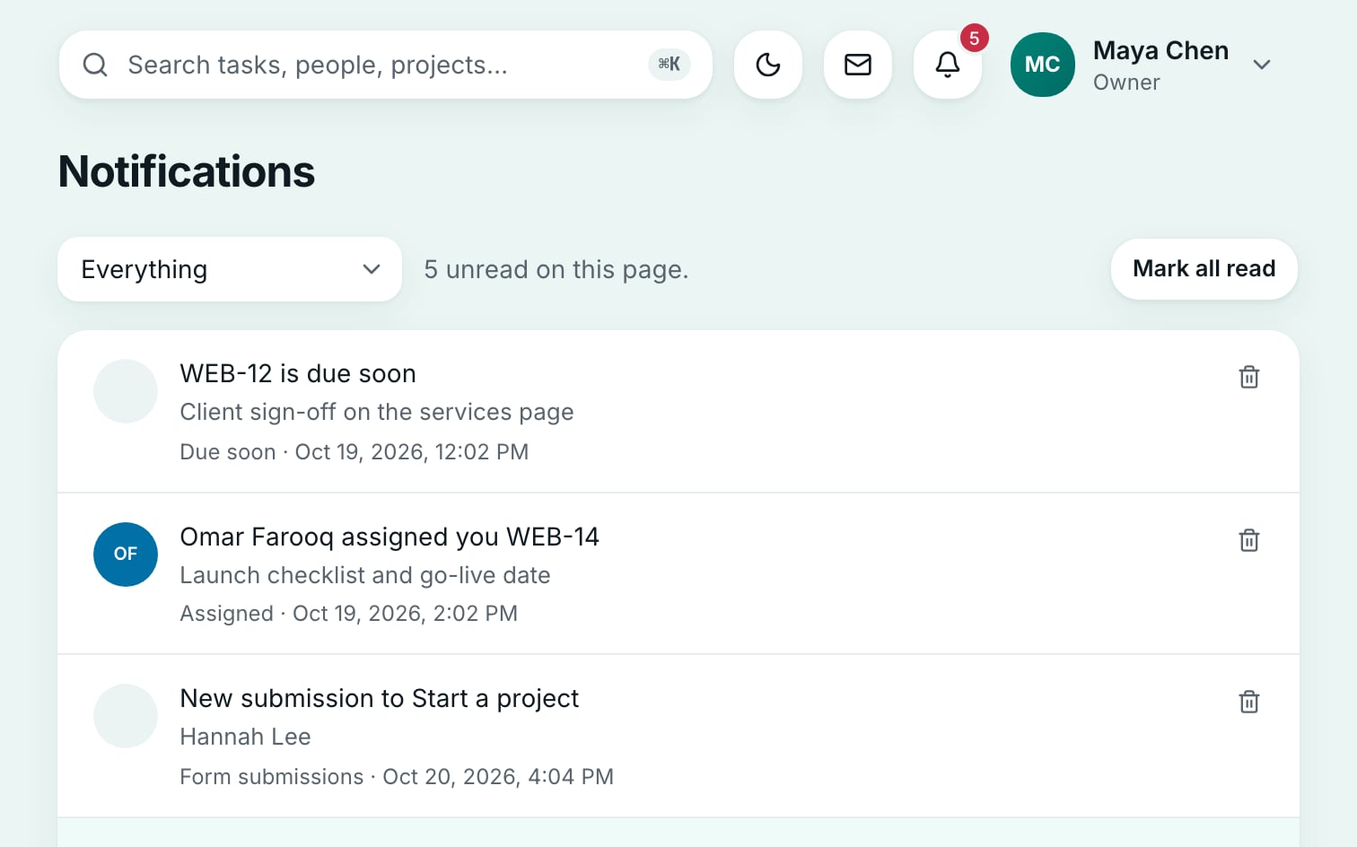 The Crewdesk notifications inbox with read and unread notifications